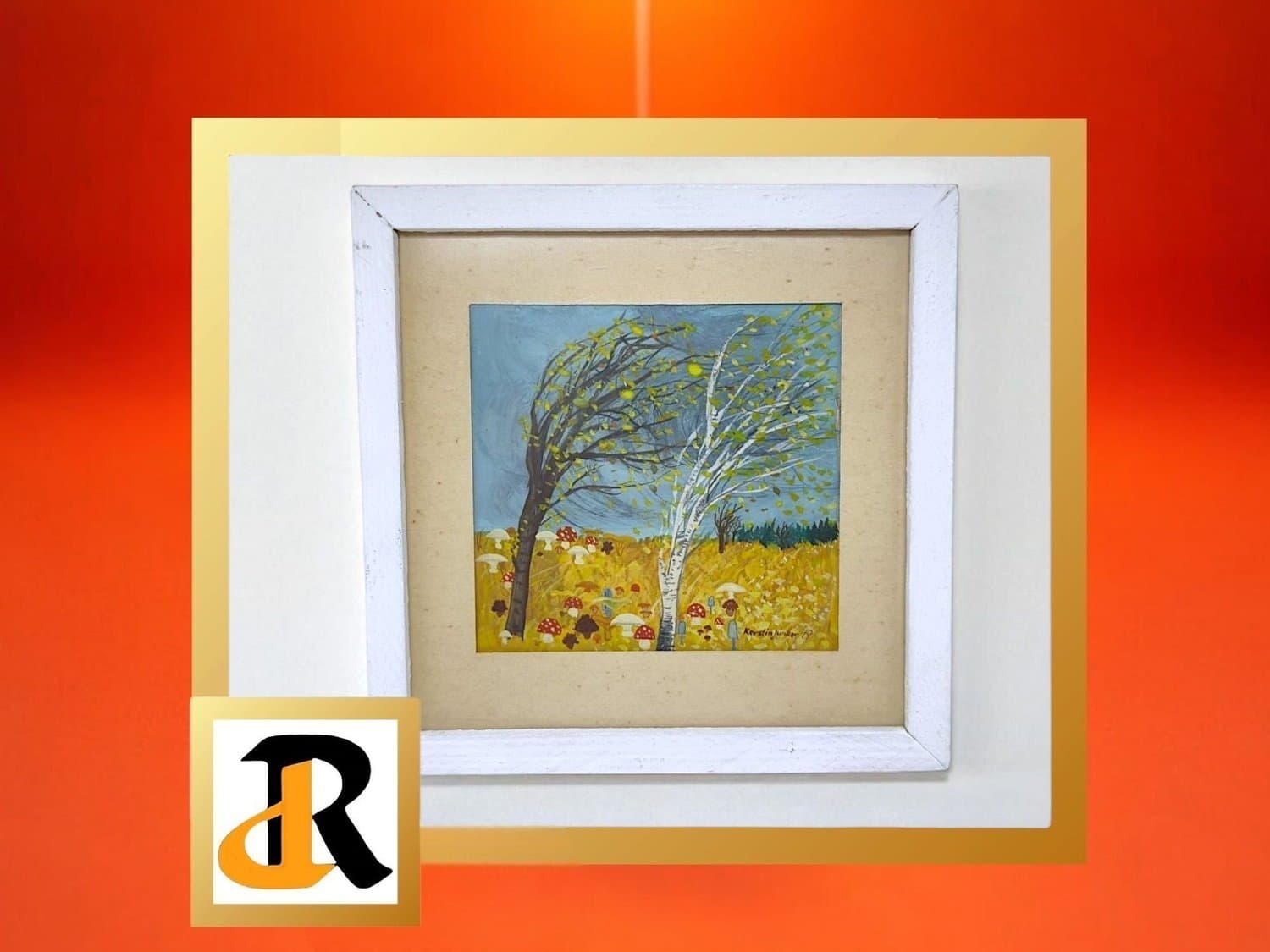 Tavla, konstnärinna Kerstin Junker, 1979 signerad, motiv blåsigt landskap, svamp