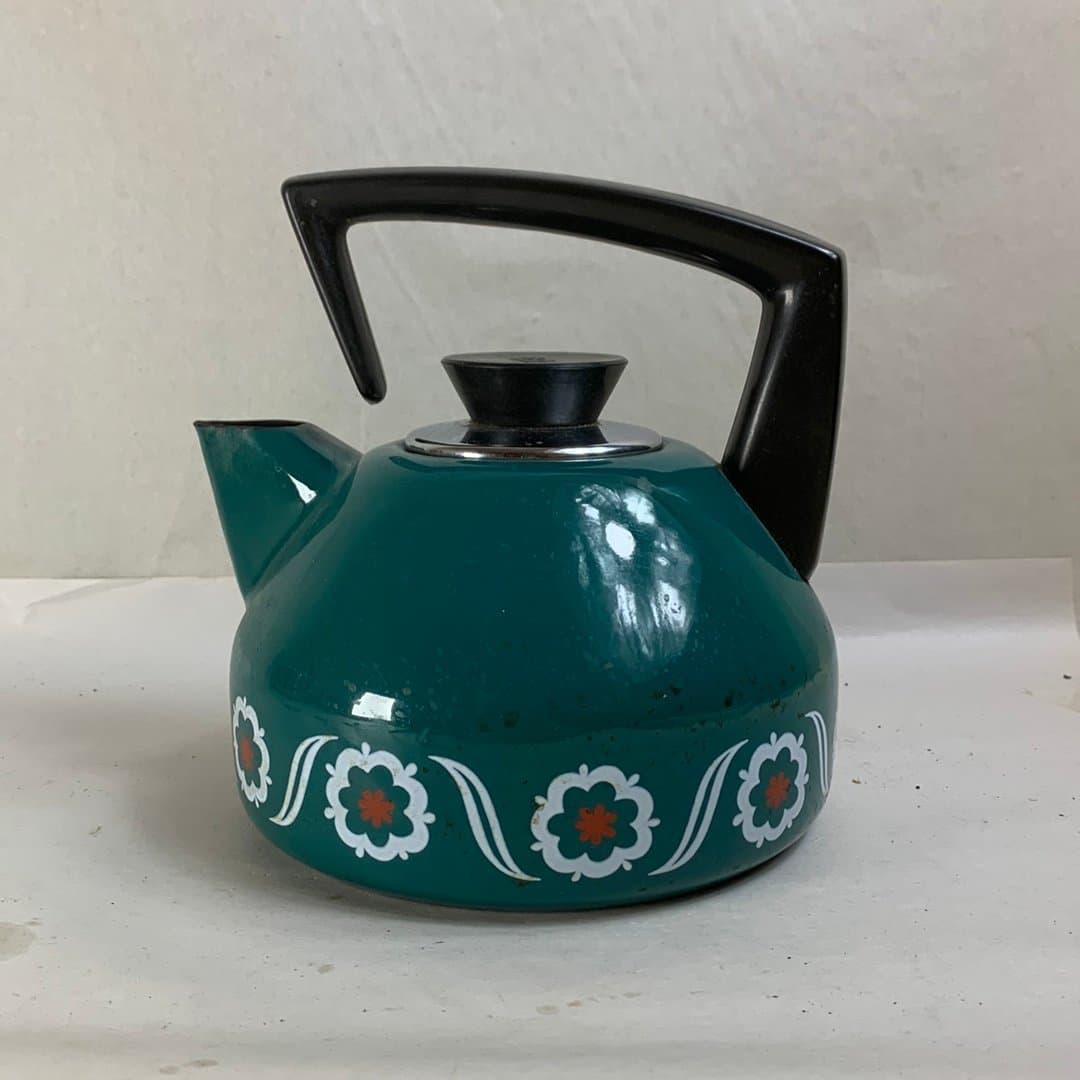 Vintage Grön Vattenkokare med Blommor från 1960-talet