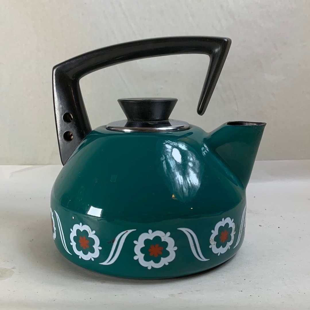 Vintage Grön Vattenkokare med Blommor från 1960-talet