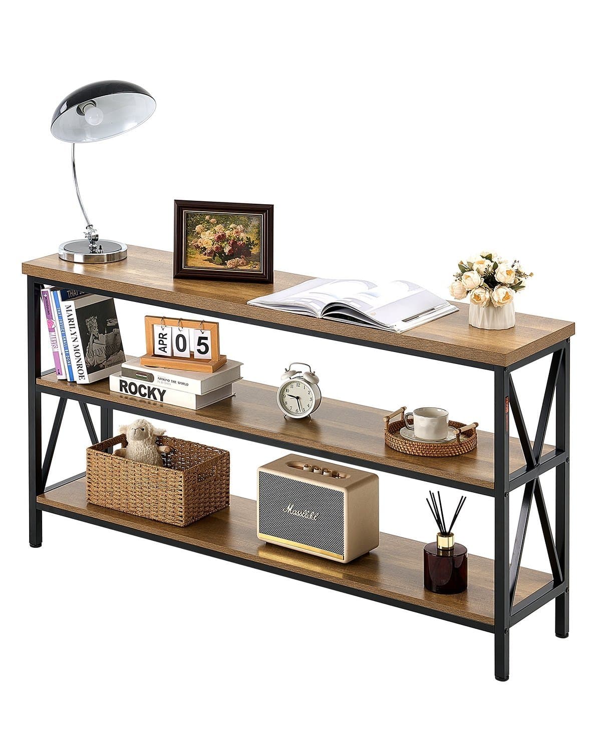 Smalt konsolbord med tre hyllplan – 140 × 34 × 76,2 cm