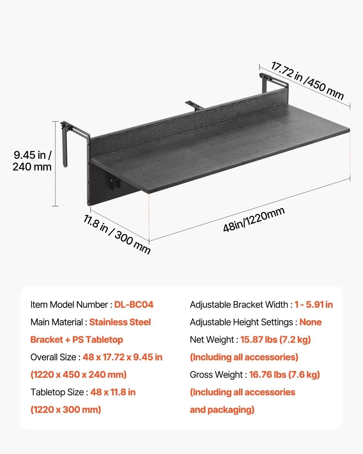 Hopfällbart balkongbord för räcke – 122 x 30 cm