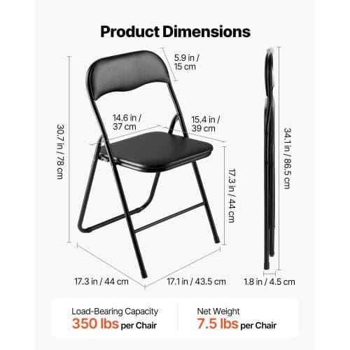 4-pack hopfällbara stolar med vadderad sits – svart & stilren