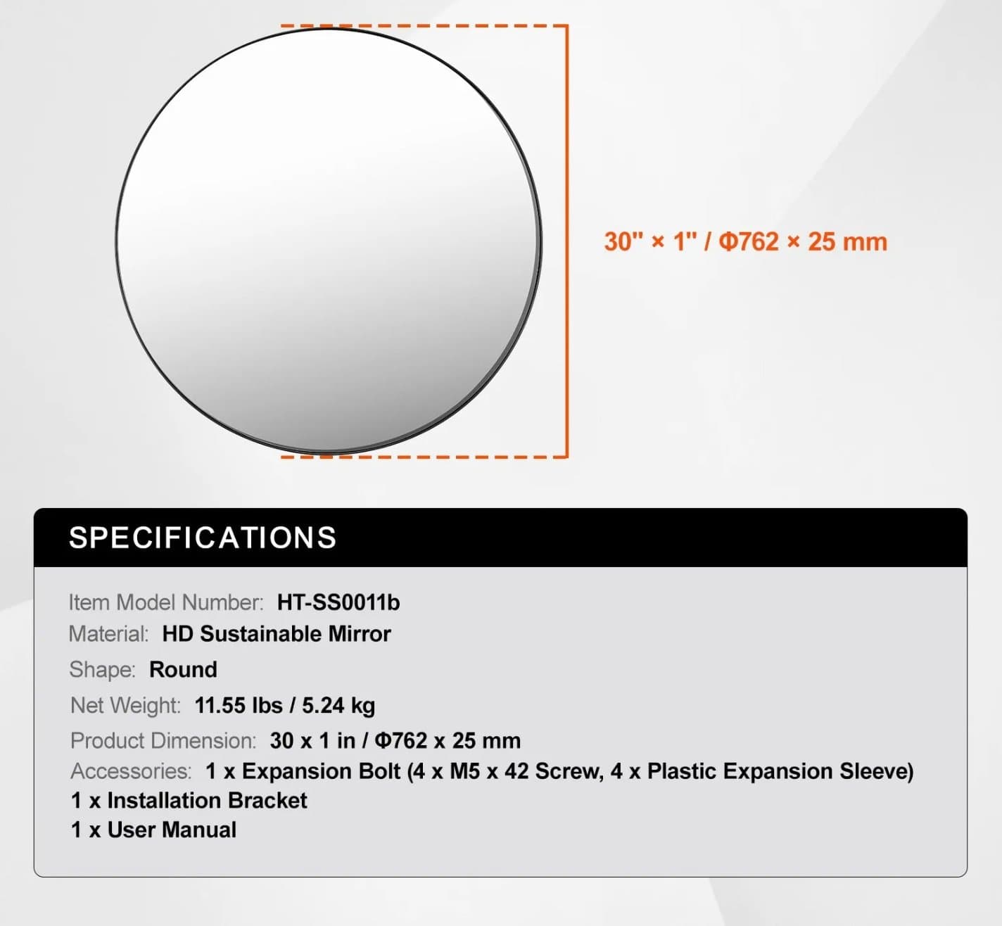 Rund väggspegel med aluminiumram – 76 cm