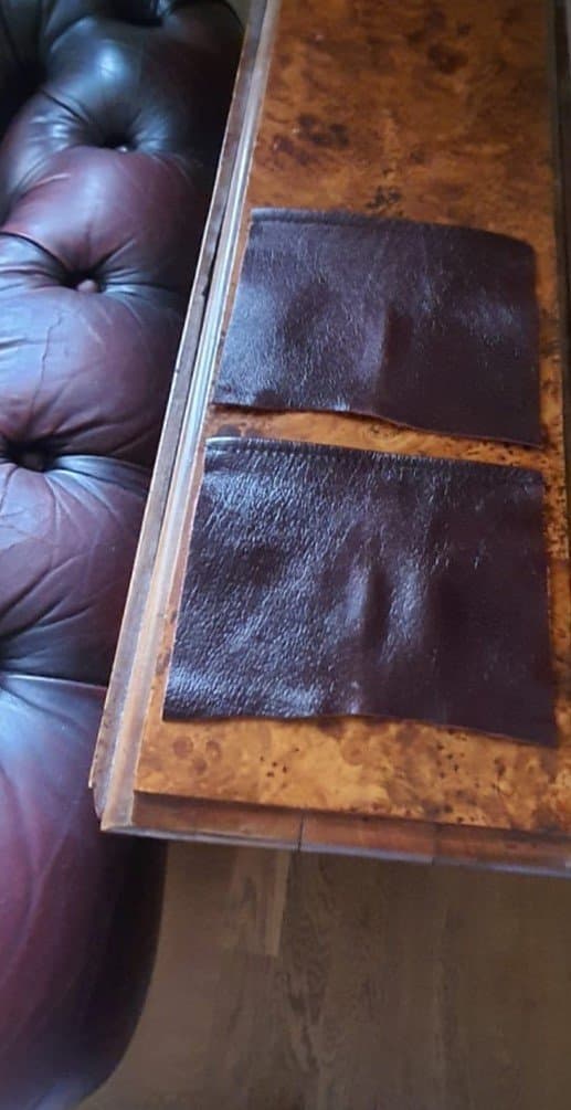 2 Äkta Läderbitar i Oxblod (2 repair-patch) Chesterfield fåtölj, Soffa, fotpall