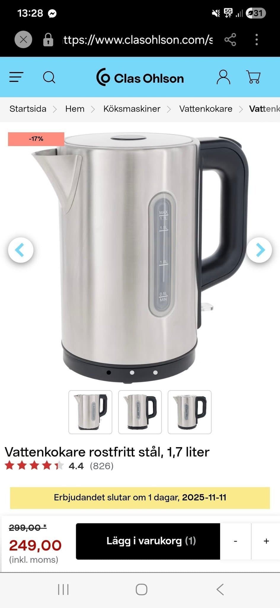 Vattenkokare rostfritt stål 1,7L