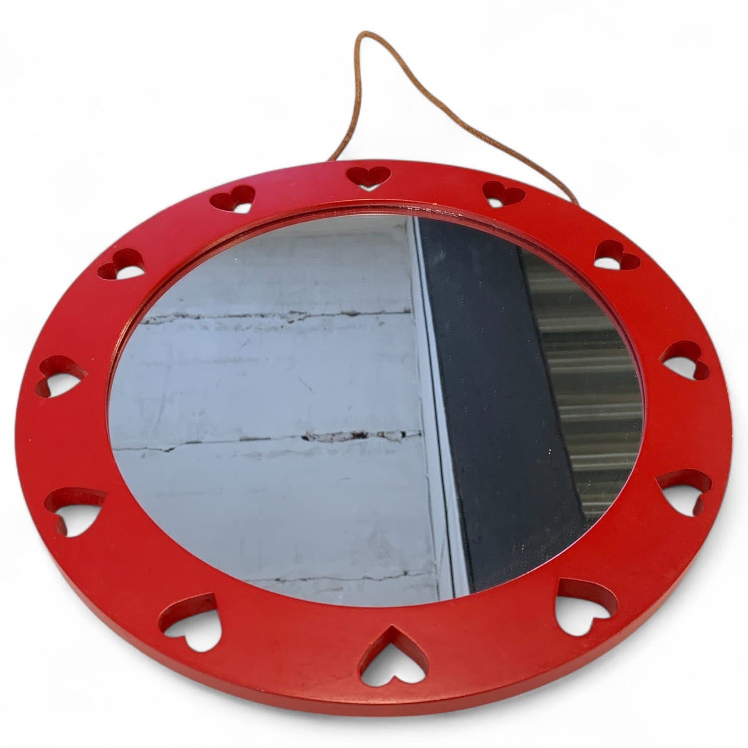 Rund Spegel Röd Trä Hjärtan Väggspegel