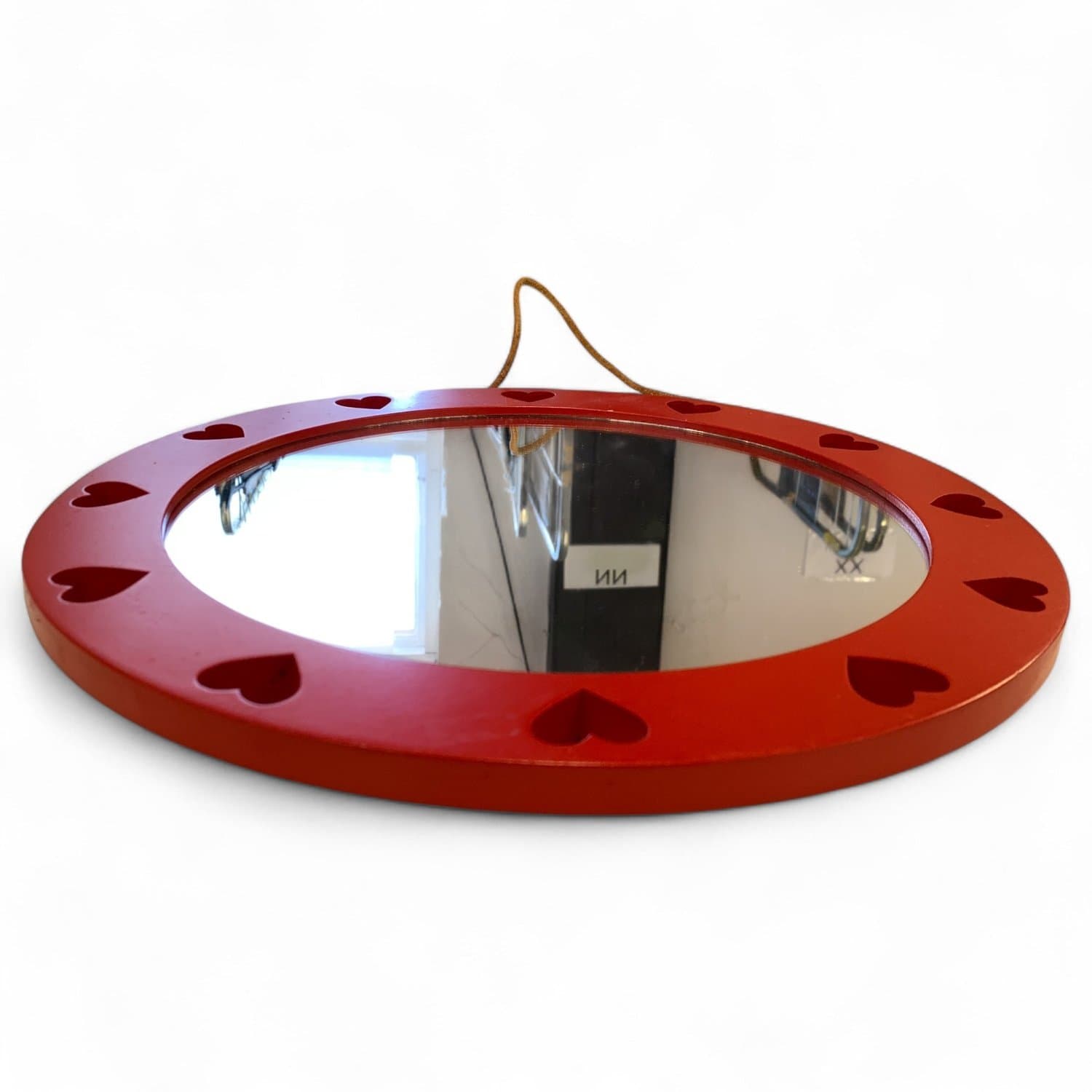 Rund Spegel Röd Trä Hjärtan Väggspegel