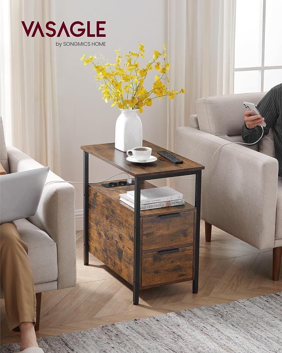 Vasagle sidobord, sängbord med kraftremsa, 2 lådor, soffa bord, LET325B01