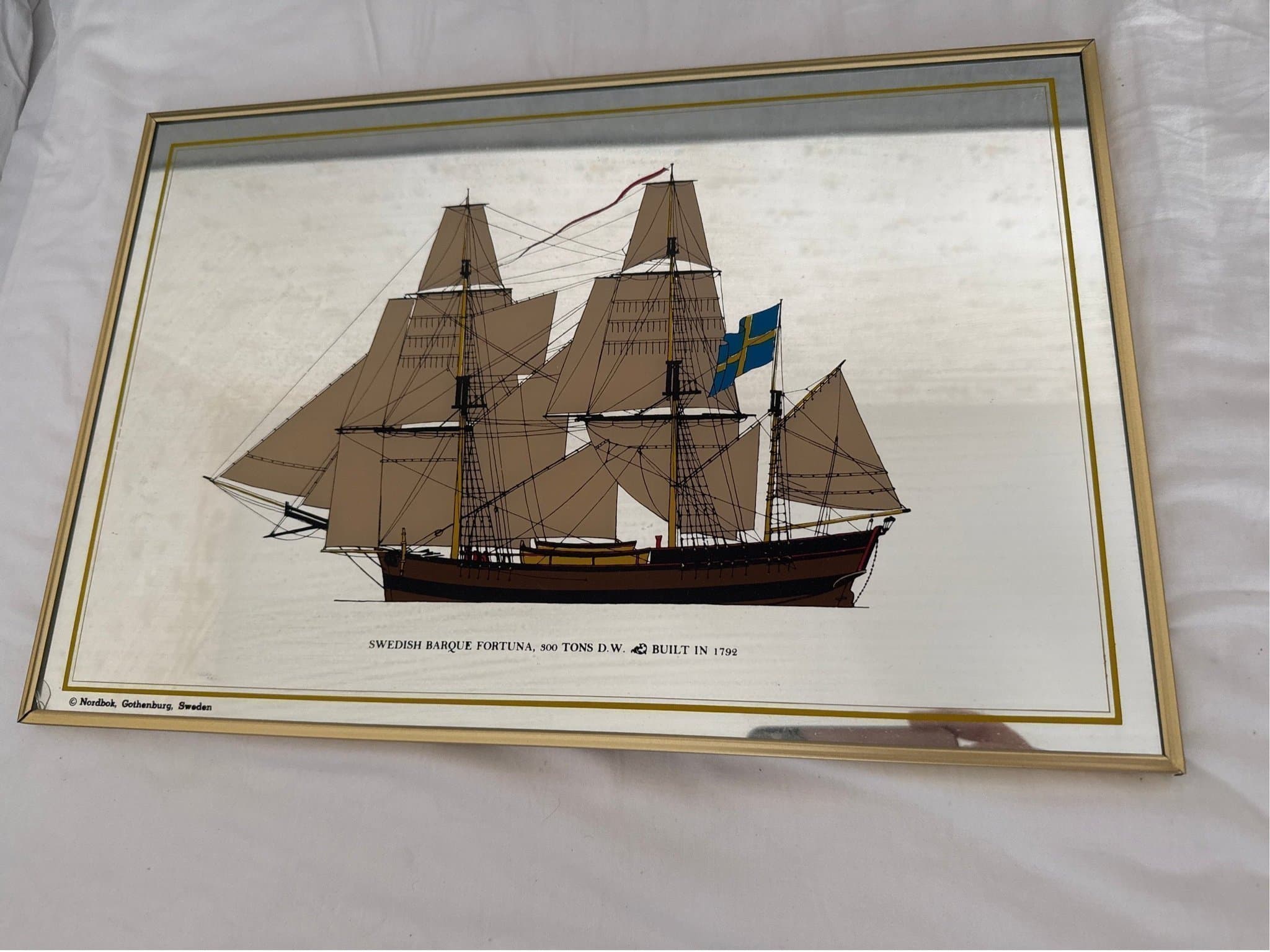 Oanvänd! Spegel med fartygsmotiv Swedish barque bark Fortuna 1792
