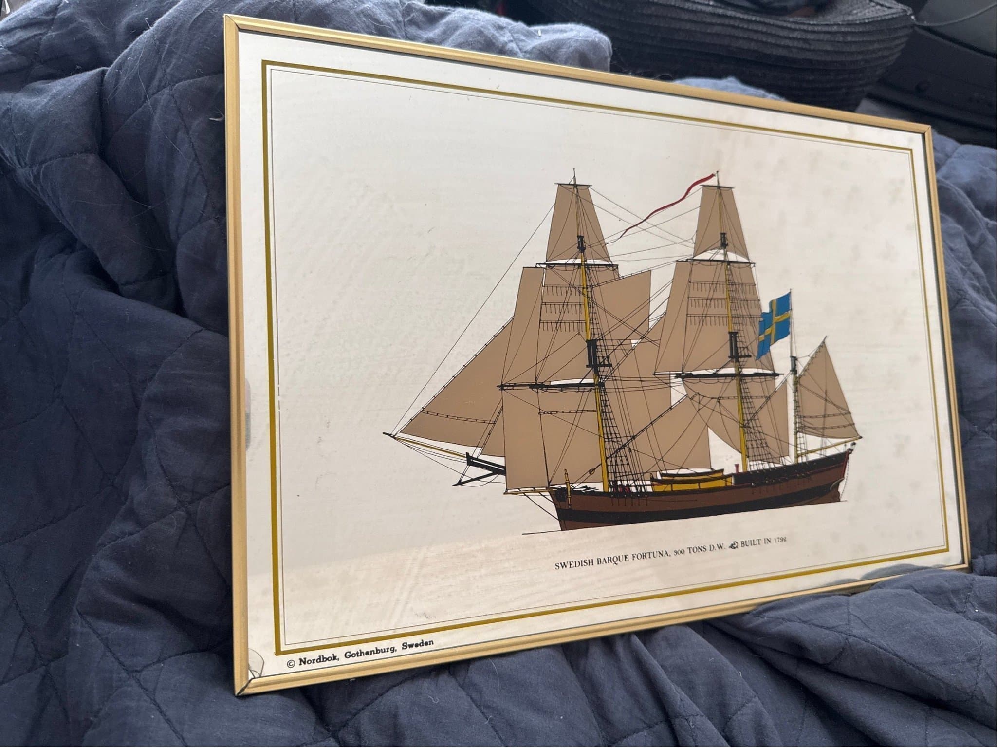 Oanvänd! Spegel med fartygsmotiv Swedish barque bark Fortuna 1792