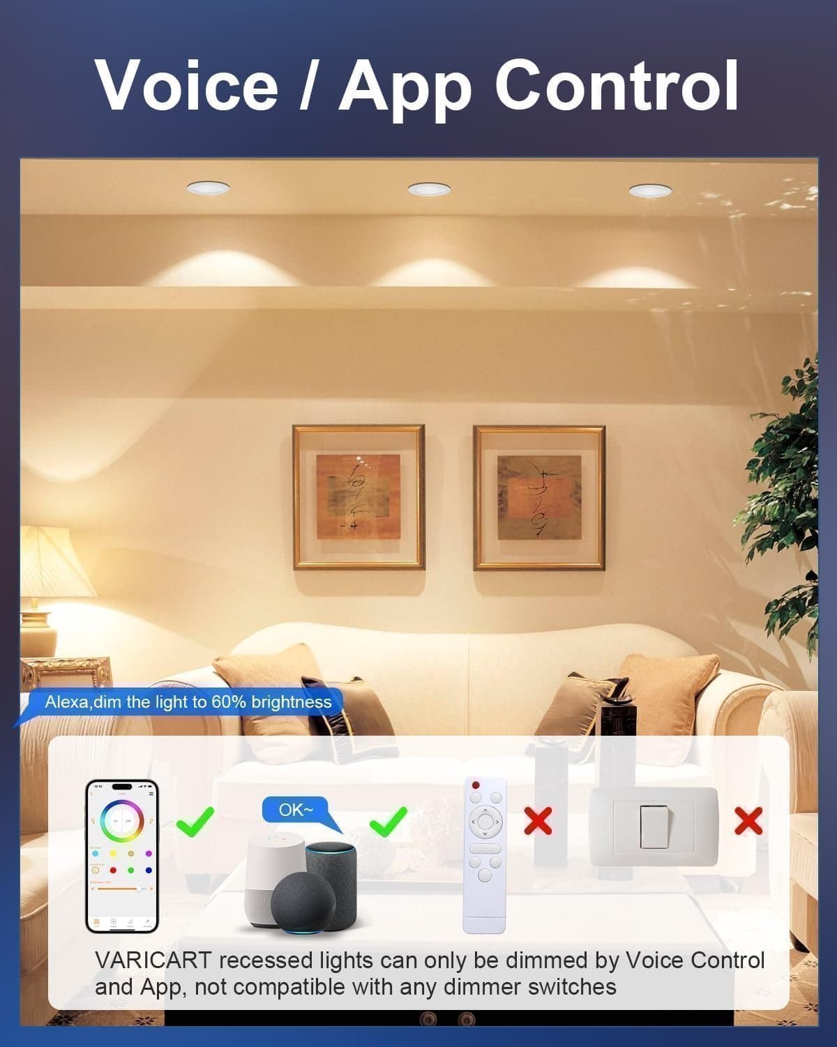 VARICART Smart LED Downlights for Ceiling , 7W, Bluetooth, Alexa, RGB , 6 Pcs