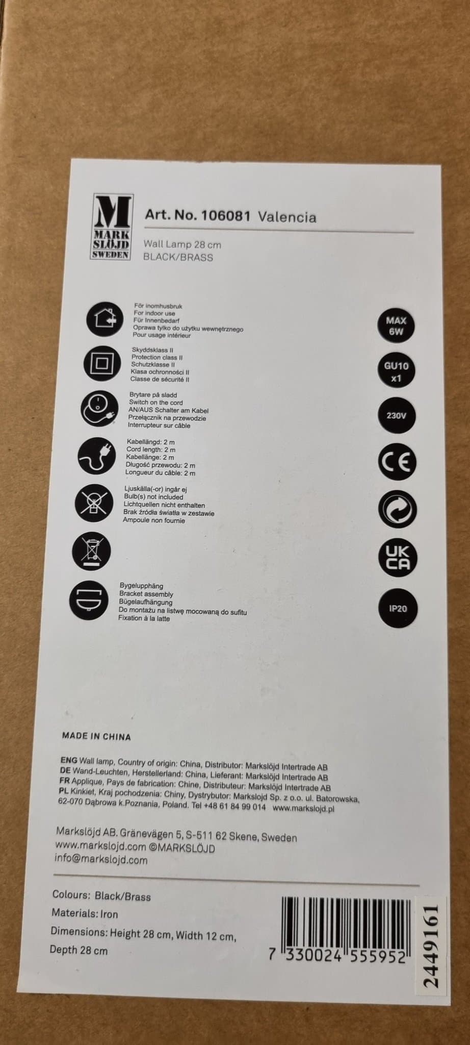 2st Markslöjd Valencia Vägglampa - Svart/Mässing för 540 kr tillsammans