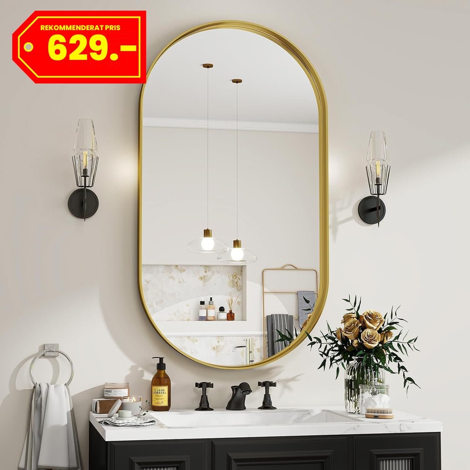 NY Oval djup ram väggspegel med metallram • 91 x 51 cm • Guld • SV