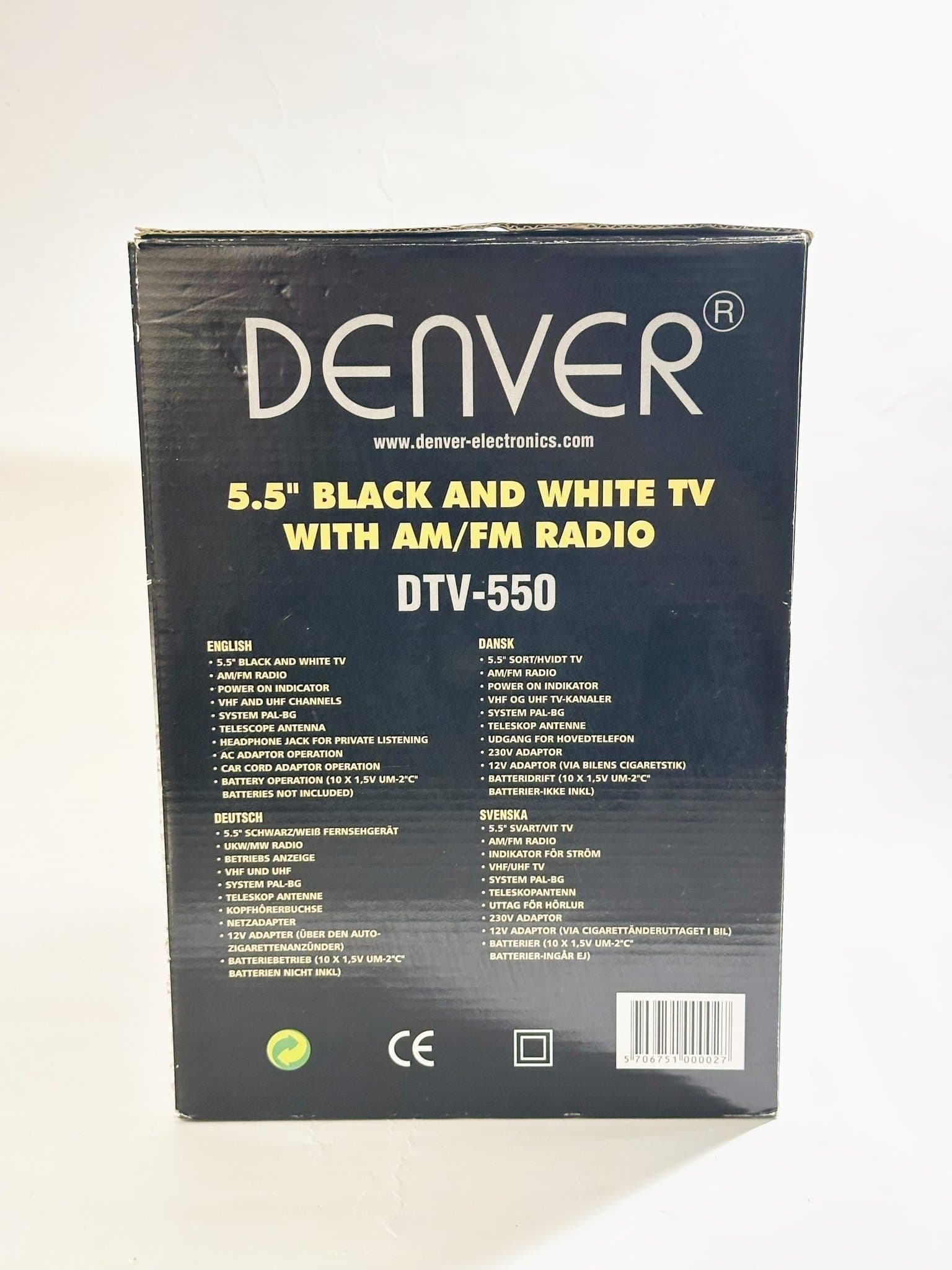 Retro Oanvänd Denver DTV-550 5.5" Svartvit TV med AM/FM Radio