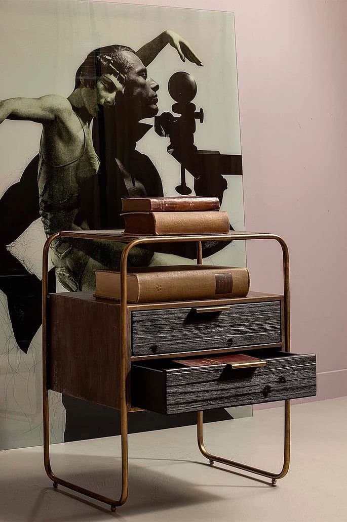 Sängbord med två lådor mässing industri nattduksbord