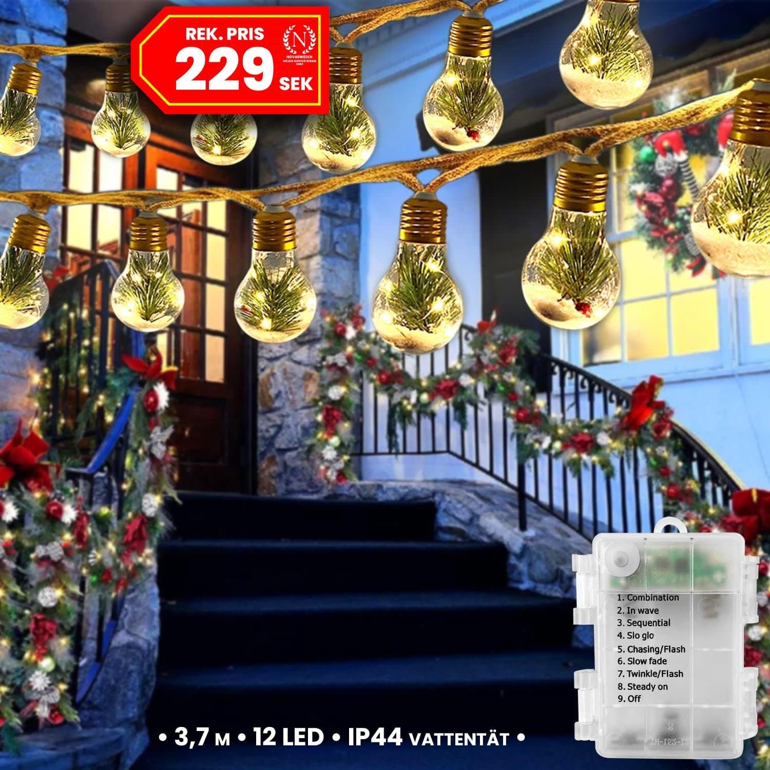 NY 3,7 m LED Retro LED belysning • 12 LED-julgranskulor • IP44 vattentät • SV