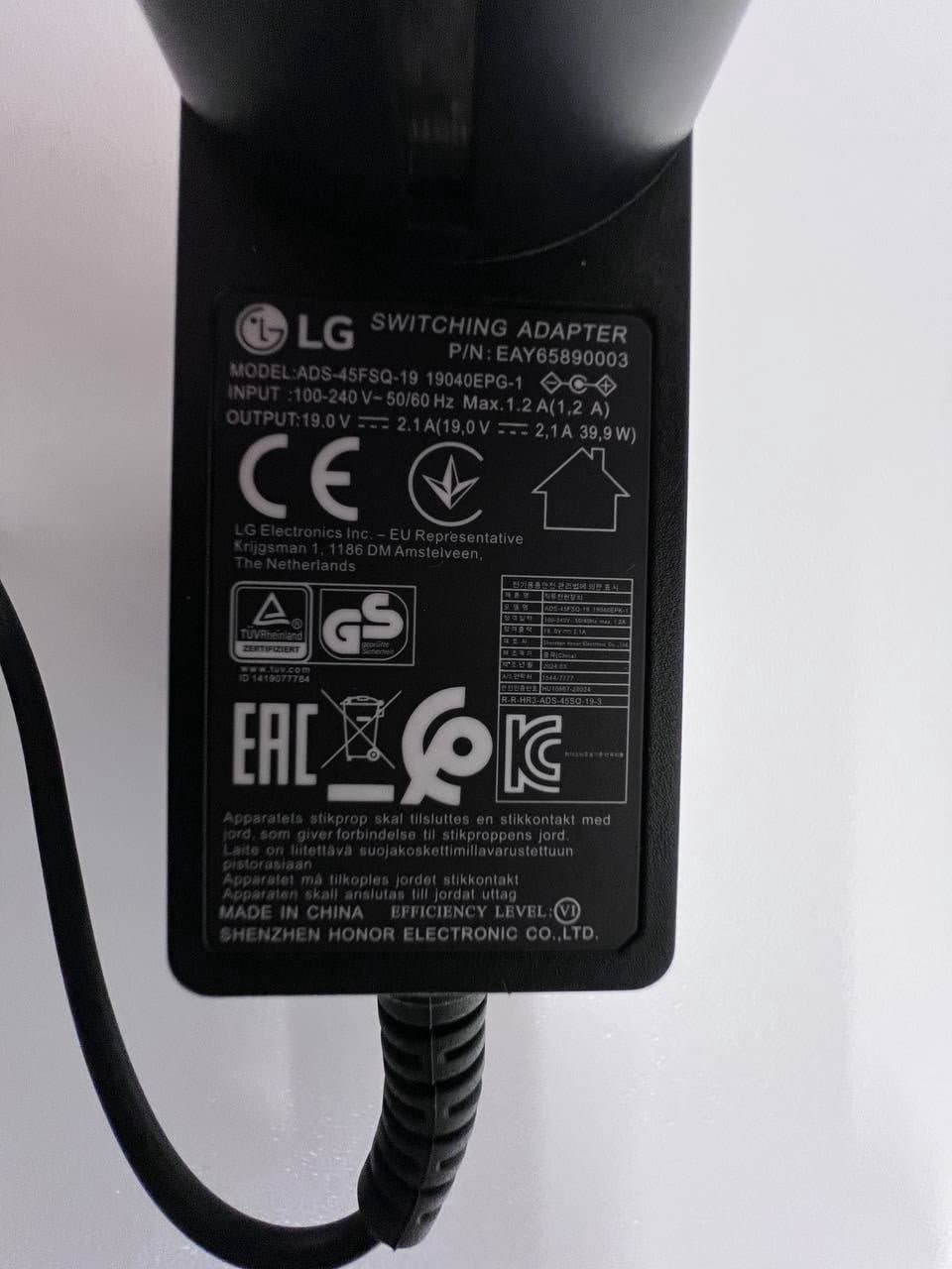 LG 27TQ615S-PZ Smart TV Monitor – Power Adapter 19V 2.1A 39.9W – ADS-45FSQ-19 /