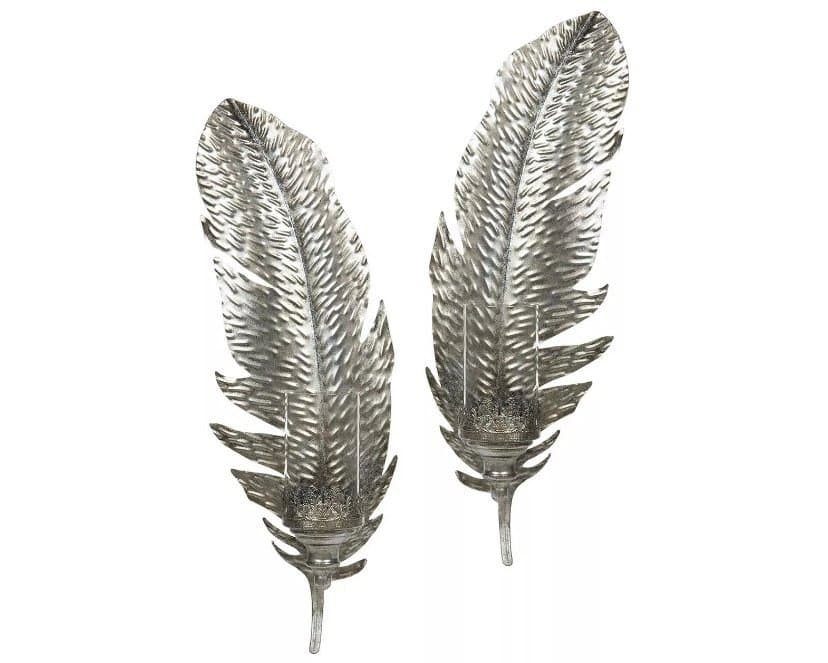 2-pack Ljusstake 24x12x74cm Ljushållare Vägg Fjäder Antik Silver Väggljusstake