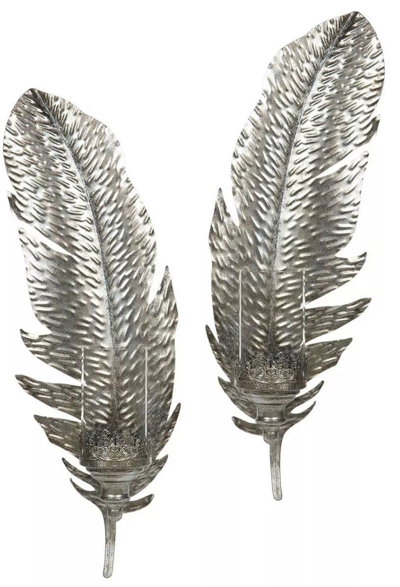 2-pack Ljusstake 24x12x74cm Ljushållare Vägg Fjäder Antik Silver Väggljusstake