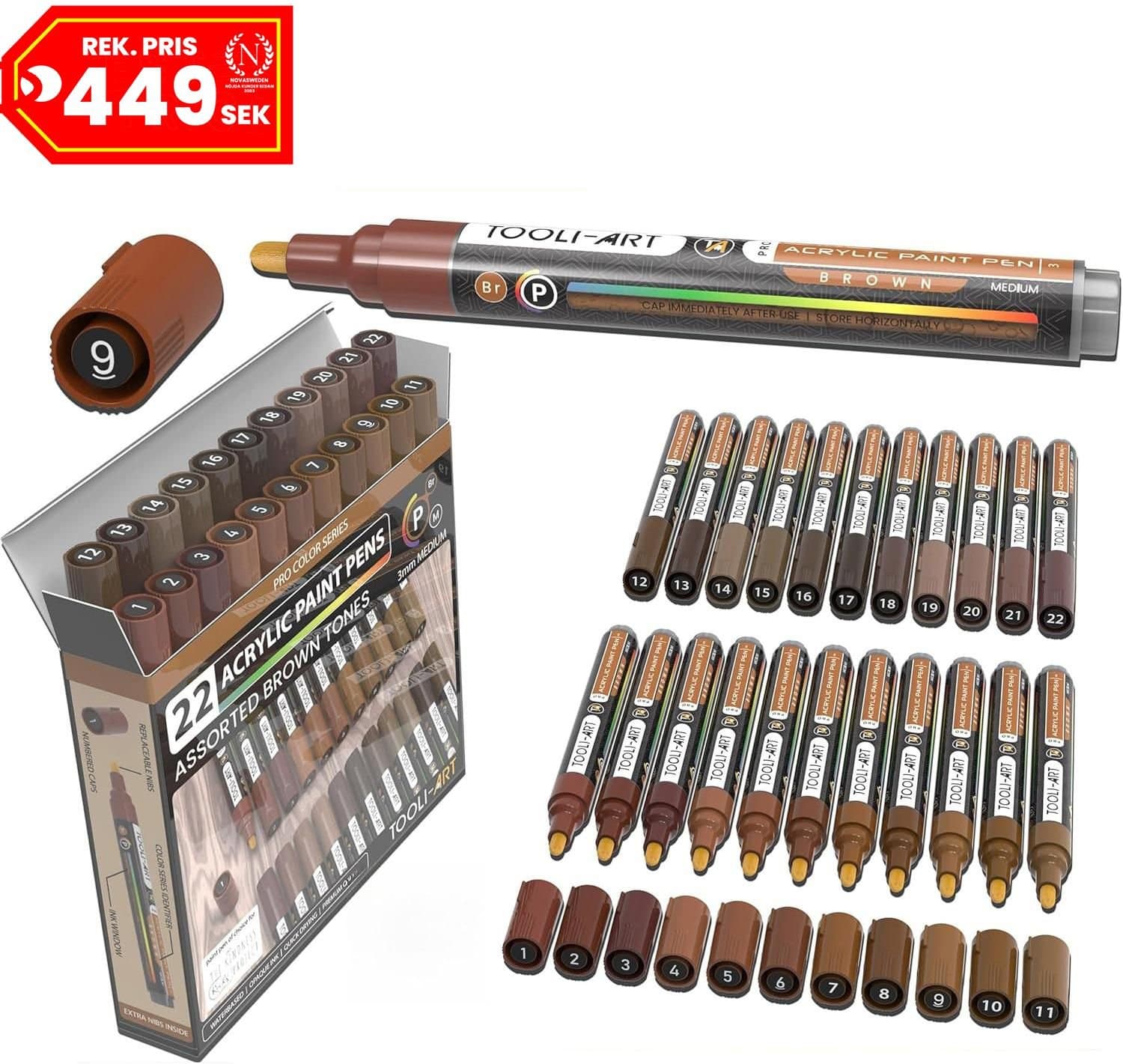 Set med 22st TOOLI-ART Bruna Akrylfärgpennor • 3 mm spets• Vattenbaserad • SV