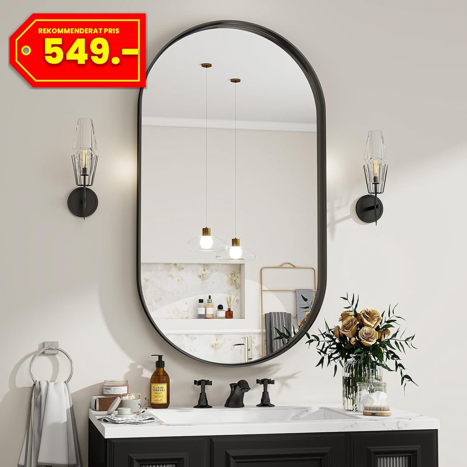 NY Oval djup ram väggspegel med metallram • 91 x 51 cm • Svart • SV