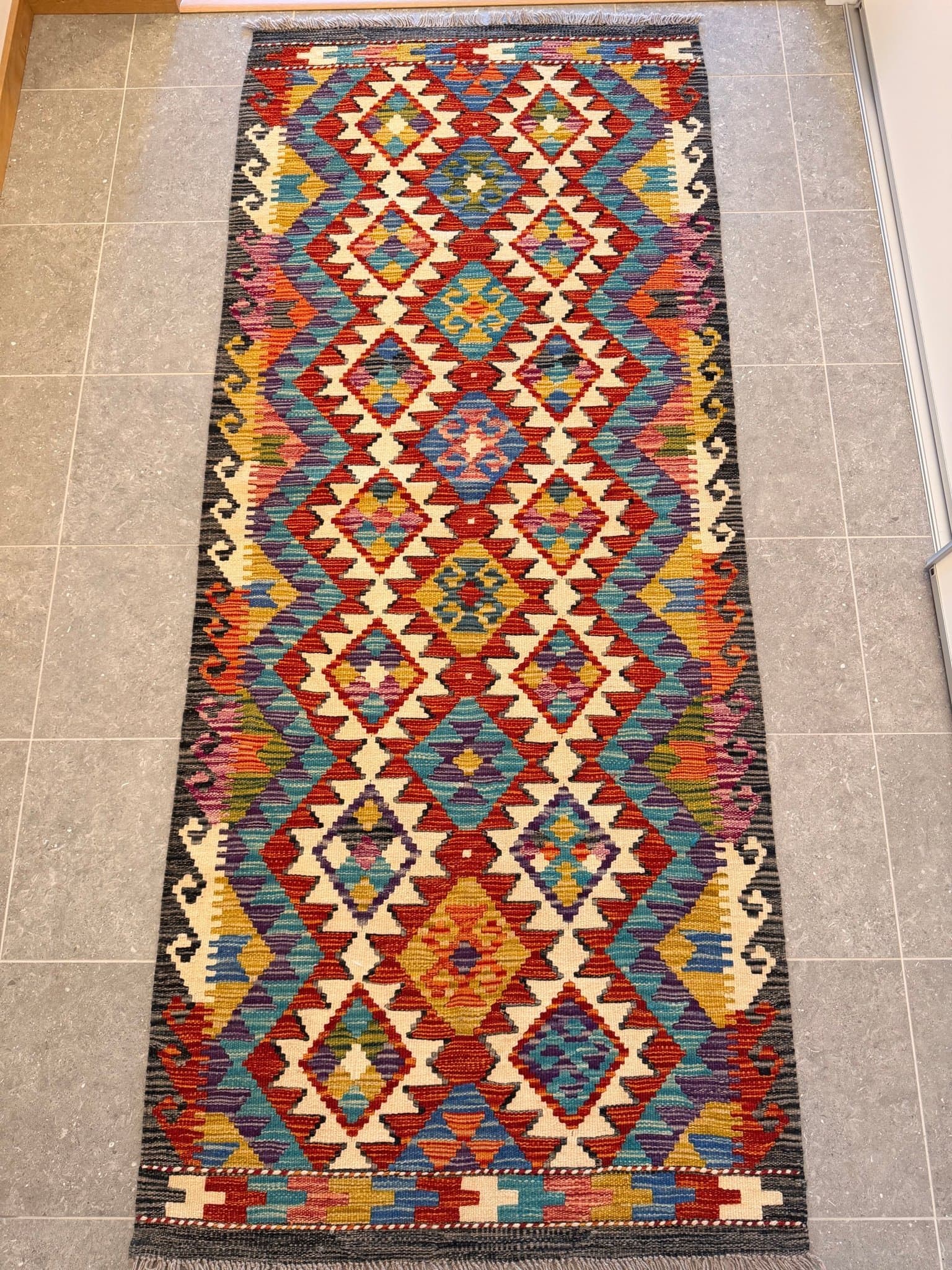 Färgglad handvävd ullmatta, kelim, 184x84 cm