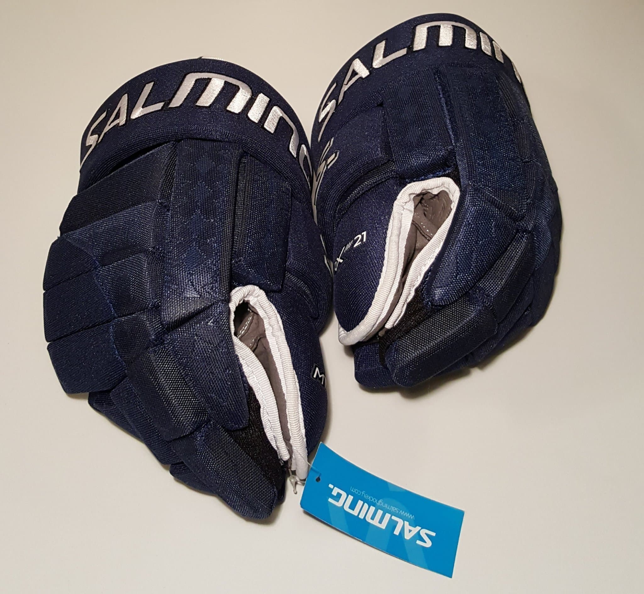 Salming Hockeyhandskar MTRX21 storlek 14 Blå med vit text. Helt nya