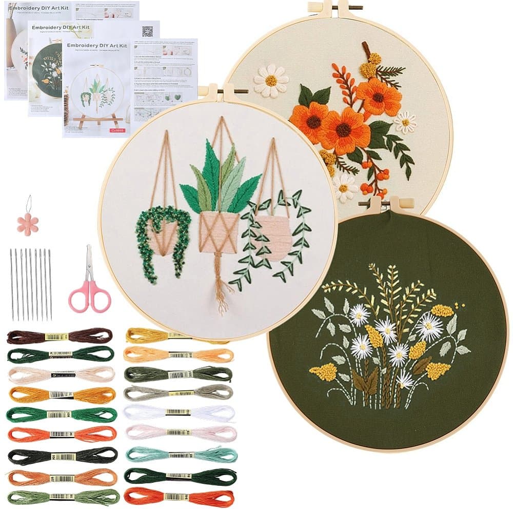 3 x broderikit för blandade stygn, blomstermotiv