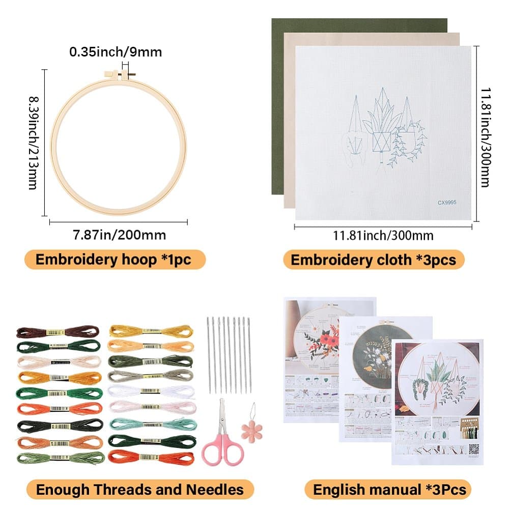 3 x broderikit för blandade stygn, blomstermotiv