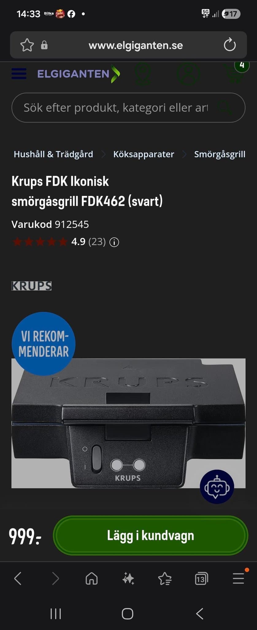 Krups FDK Ikonisk smörgåsgrill FDK462 / Fint skick / Fast pris 444:-