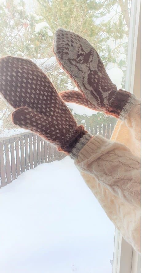 Handstickade vantar med Räv-motiv, brun, grå vantar