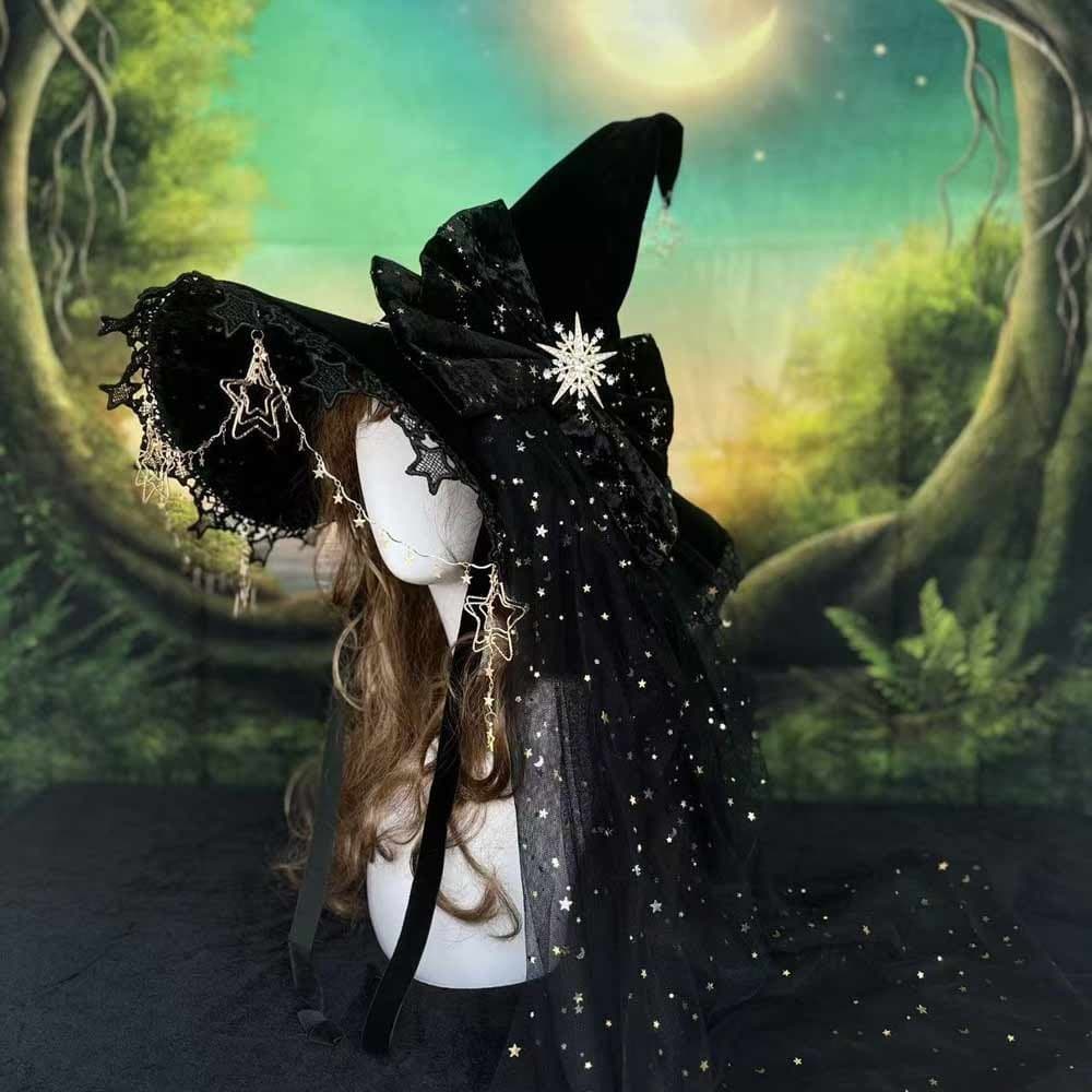 Handgjord gotisk häxhatt med kedja och slöja, svart Lolita häxhatt