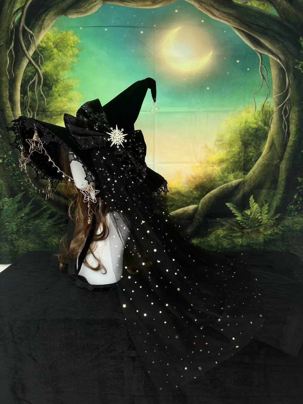 Handgjord gotisk häxhatt med kedja och slöja, svart Lolita häxhatt