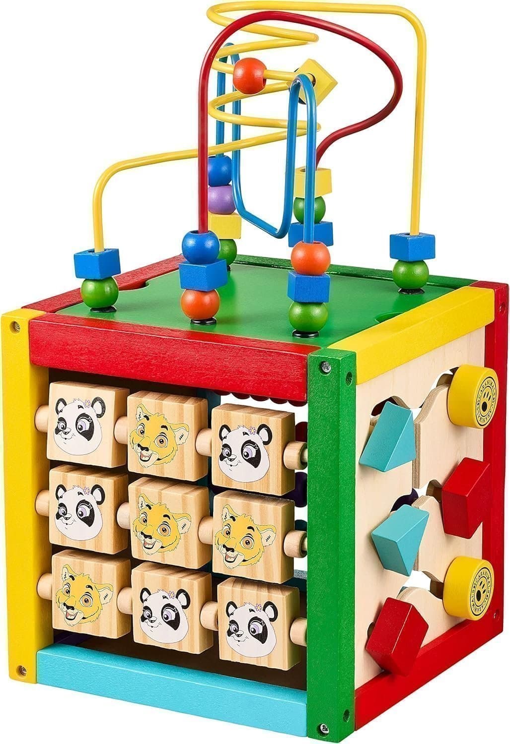 Aktivitetskub i trä 5-i-1 Inkl. pärllabyrint, byggklossglidande Tigerpekarklocka