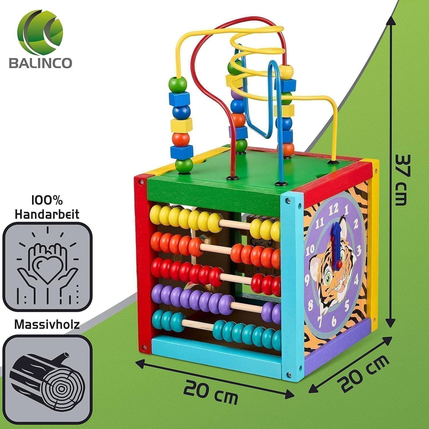 Aktivitetskub i trä 5-i-1 Inkl. pärllabyrint, byggklossglidande Tigerpekarklocka