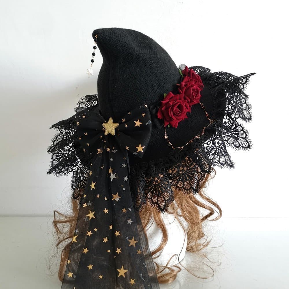 Svart häxhatt med vinröd ros och rosett, Halloween Lolita trollkarlhatt, 52-54cm