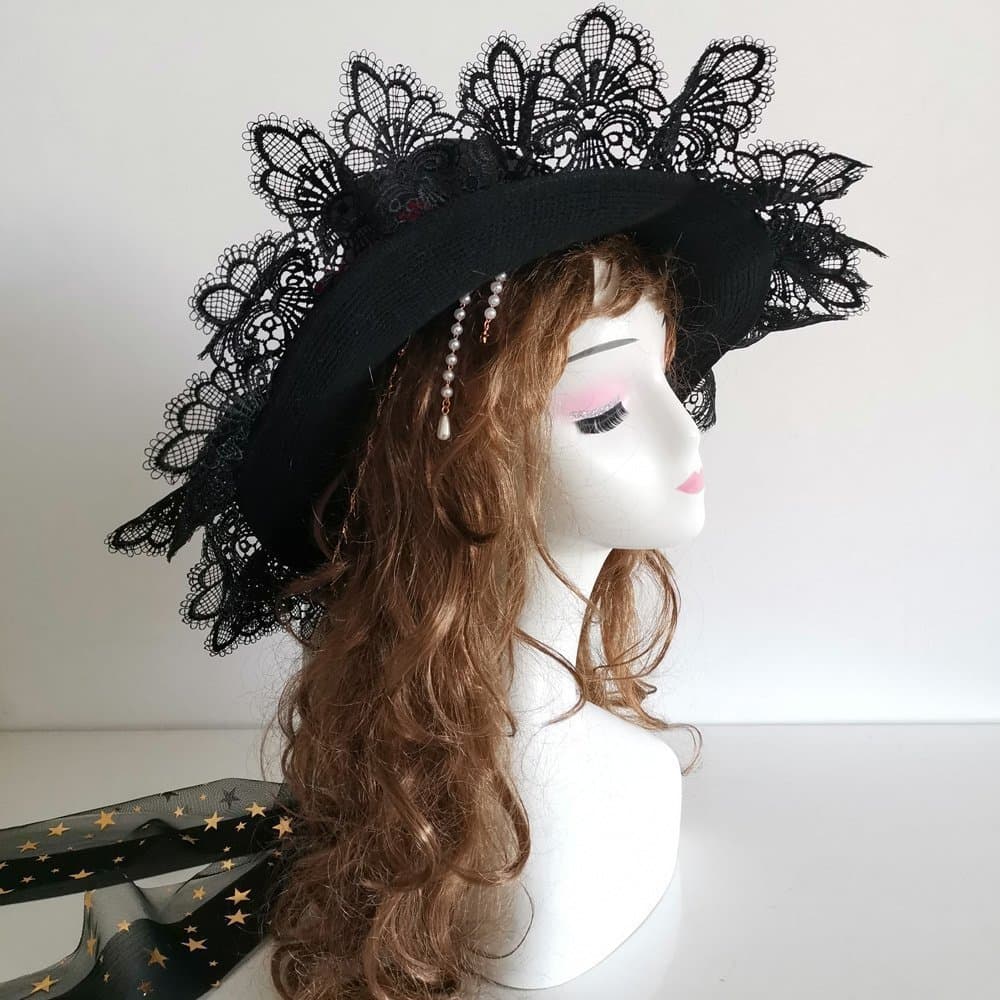 Svart häxhatt med vinröd ros och rosett, Halloween Lolita trollkarlhatt