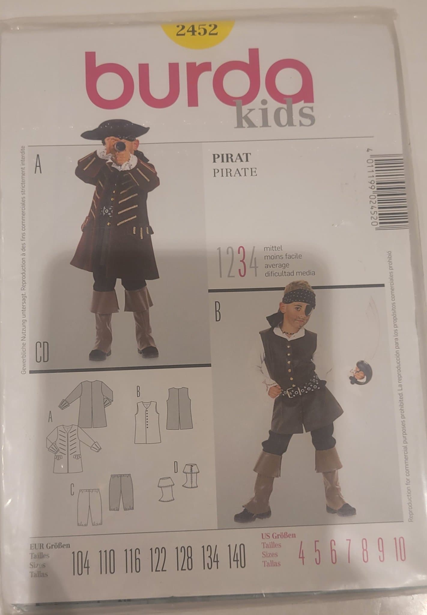 Burda piratdräkt, storlek 104 110 116 122 128 134 140