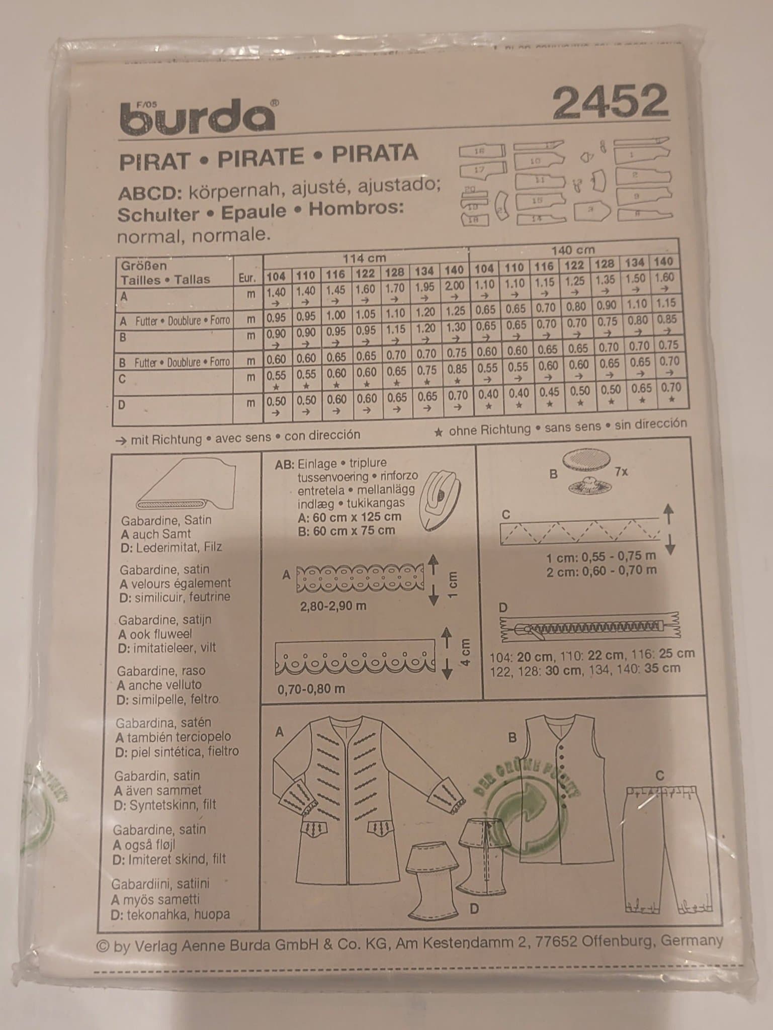 Burda piratdräkt, storlek 104 110 116 122 128 134 140