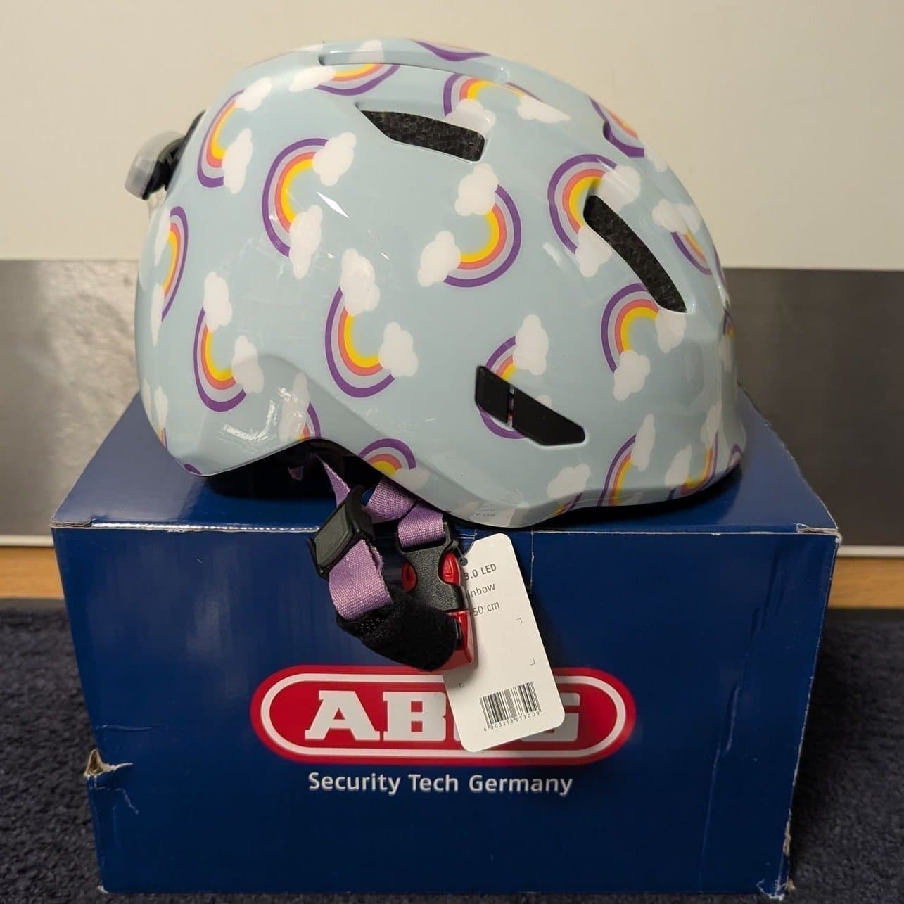 ABUS Smiley 3.0 LED Cykelhjälm (med bakljus) Blue Rainbow - Storlek S (45–50 cm)