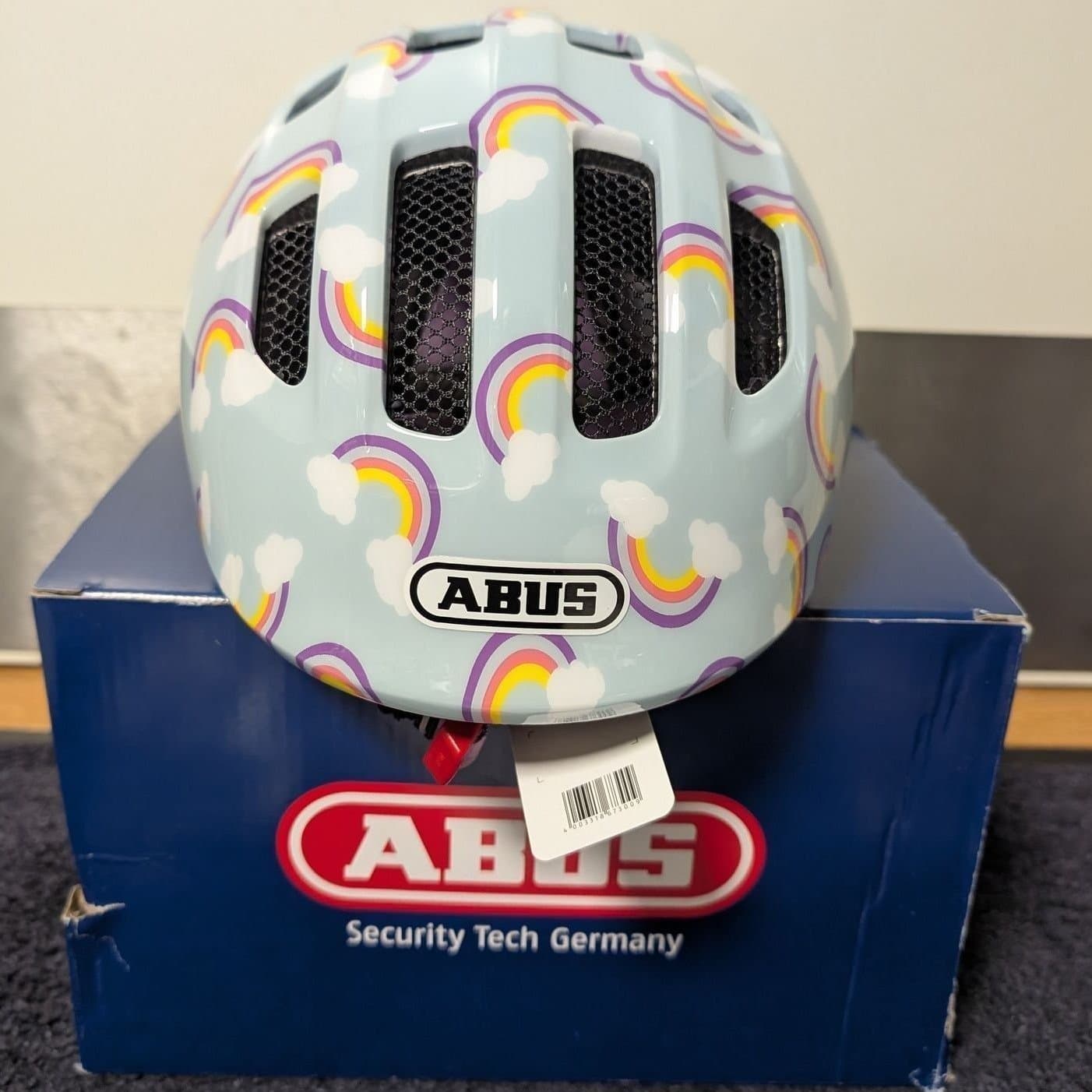 ABUS Smiley 3.0 LED Cykelhjälm (med bakljus) Blue Rainbow - Storlek S (45–50 cm)