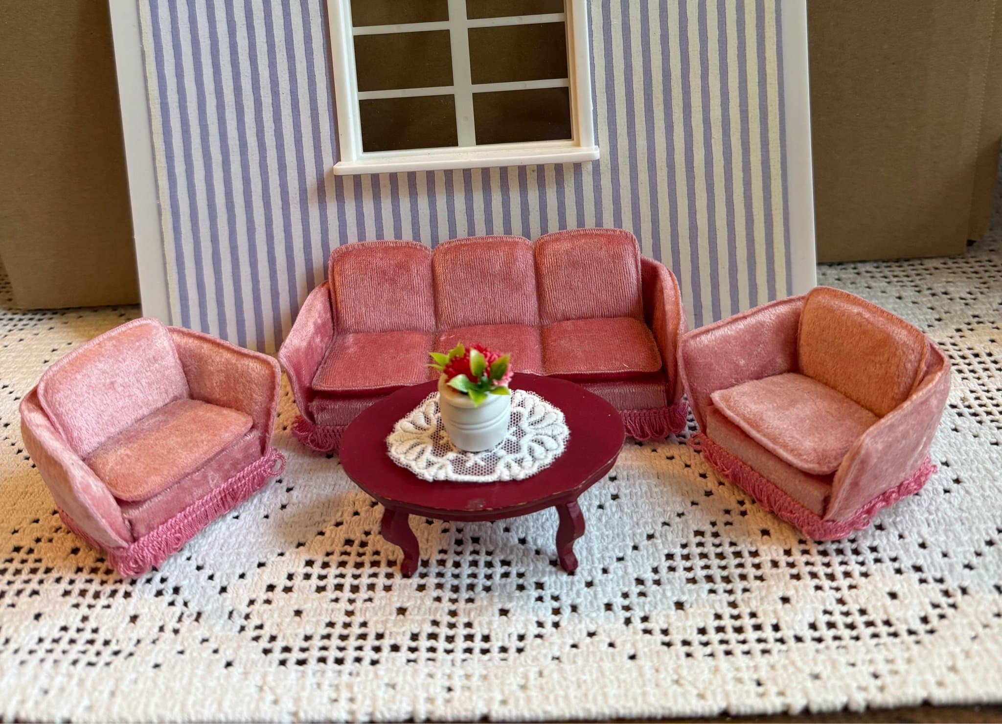 Retro Lundby rosa soffgrupp i plysch