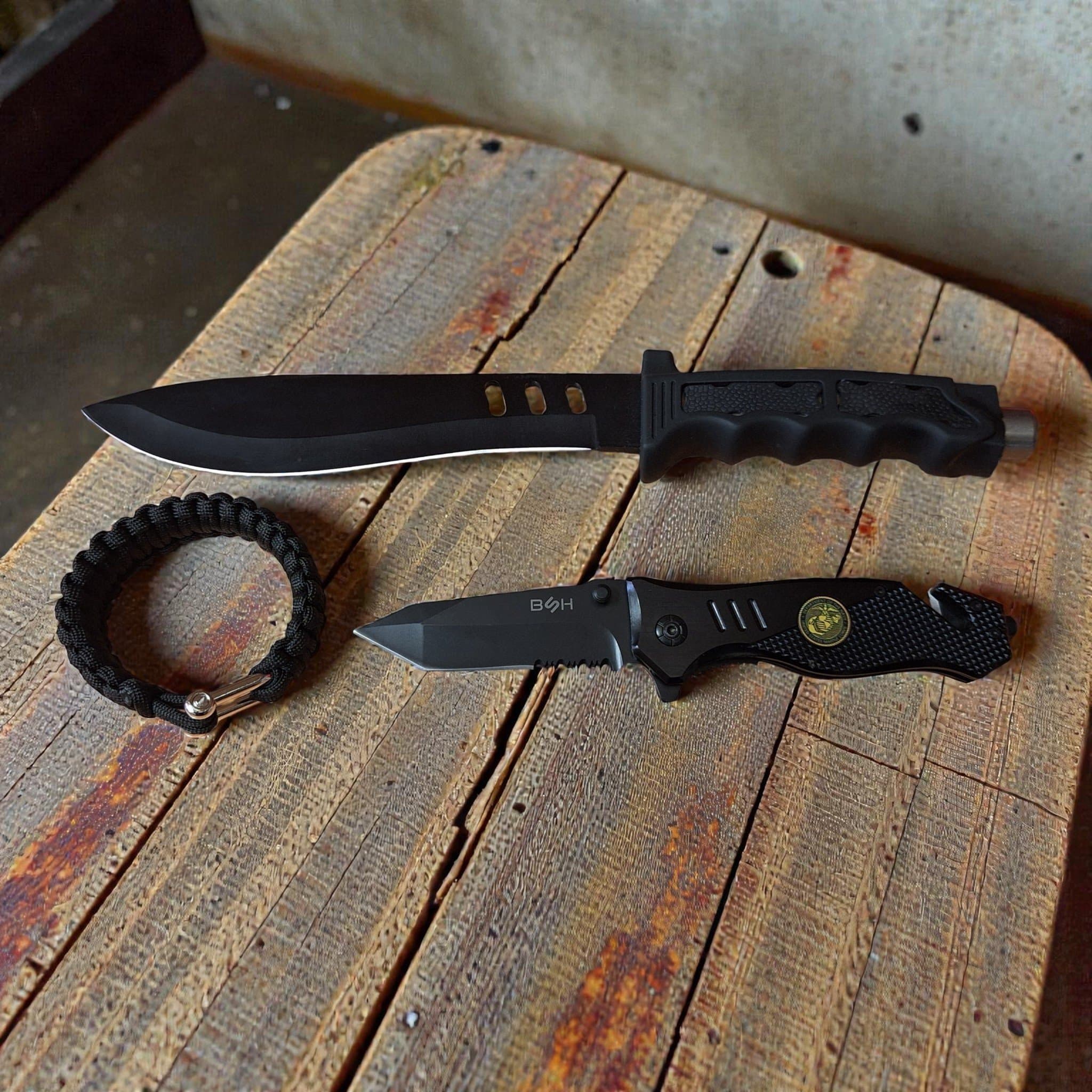 Taktiskt överlevnadskit: taktisk kniv, räddningskniv, armband