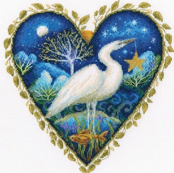 Komplett korsstygnsbroderi motiv: fågel, fisk, vatten och en stjärna, hjärta