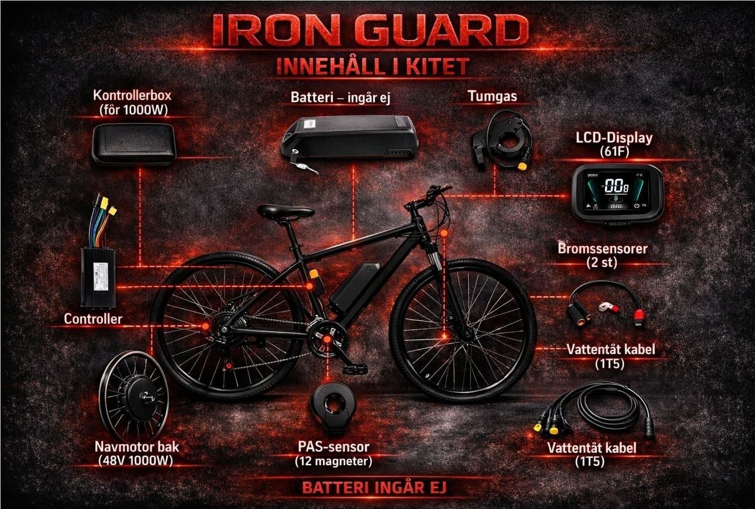1000W Elcykel Konverteringskit Bakhjul – LCD Display – Oanvänd