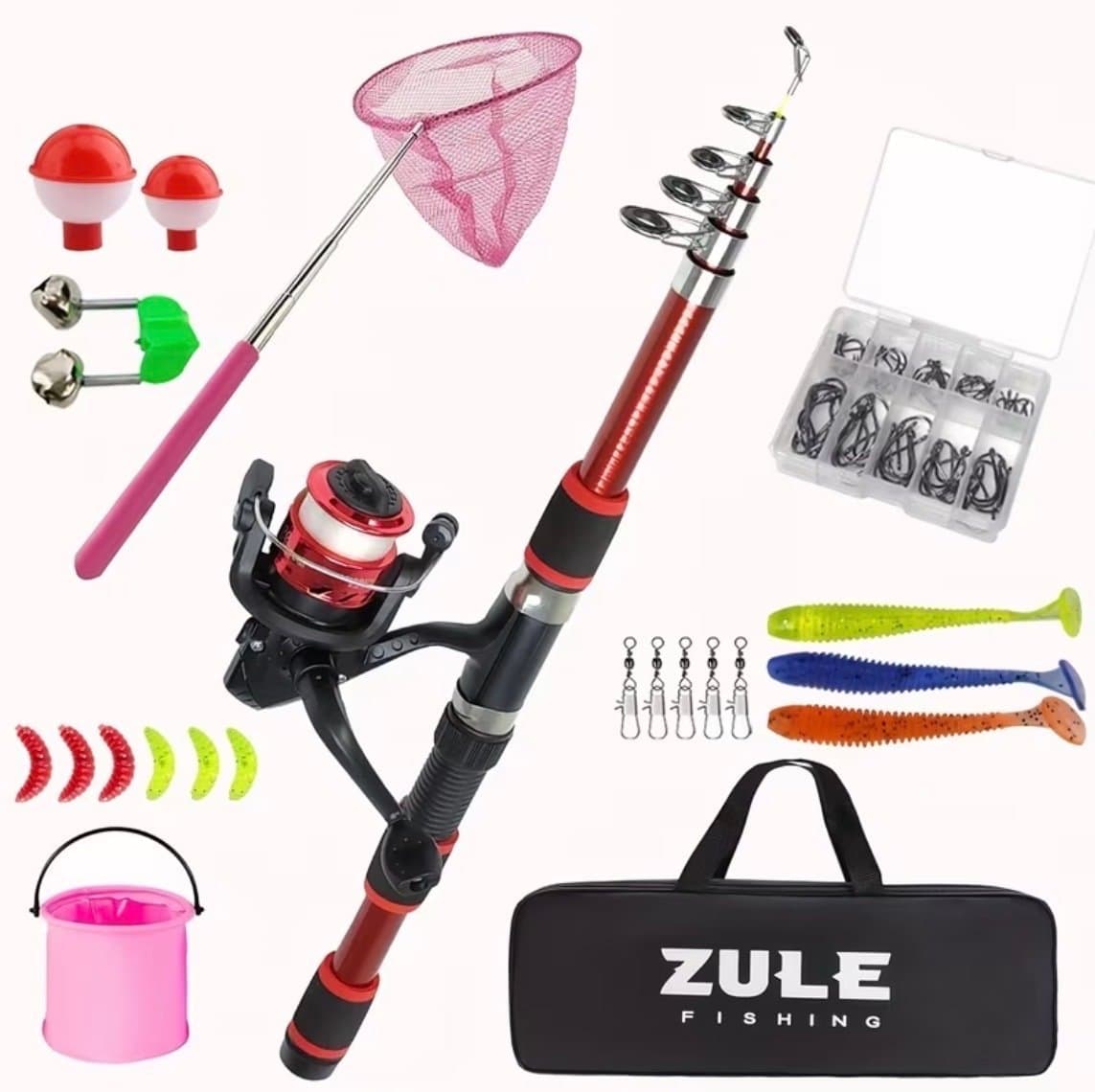 Teleskopiskt Fiskespö Set 2,1 m – Rulle, Nät, Beten & Tillbehör