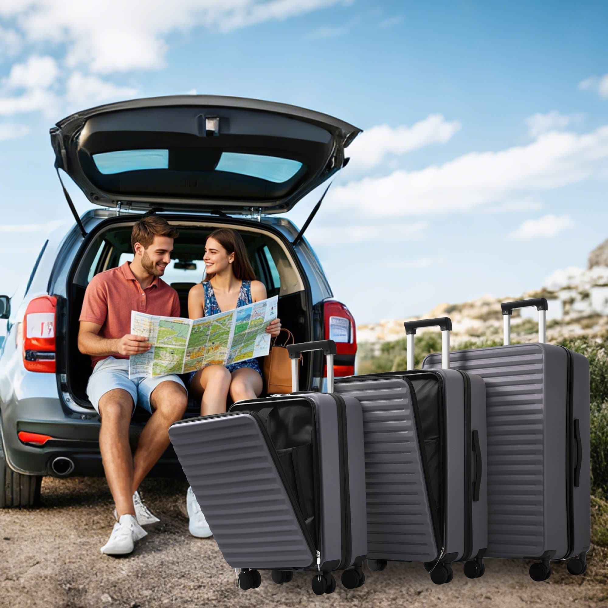 Three-piece Suitcases – Innovative design with front opening + drink holders