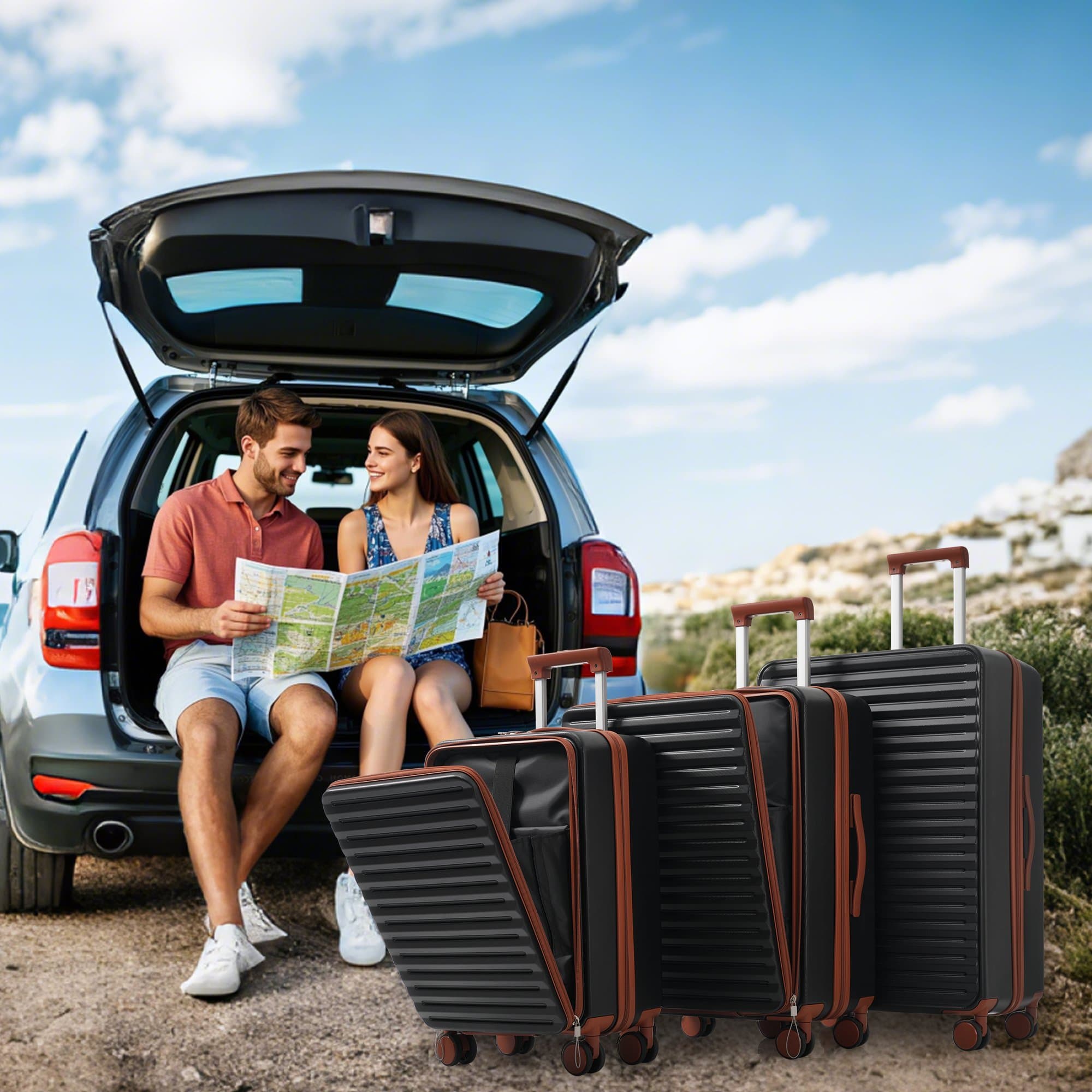 Three-piece suitcases – Innovative design with front opening + drink holders