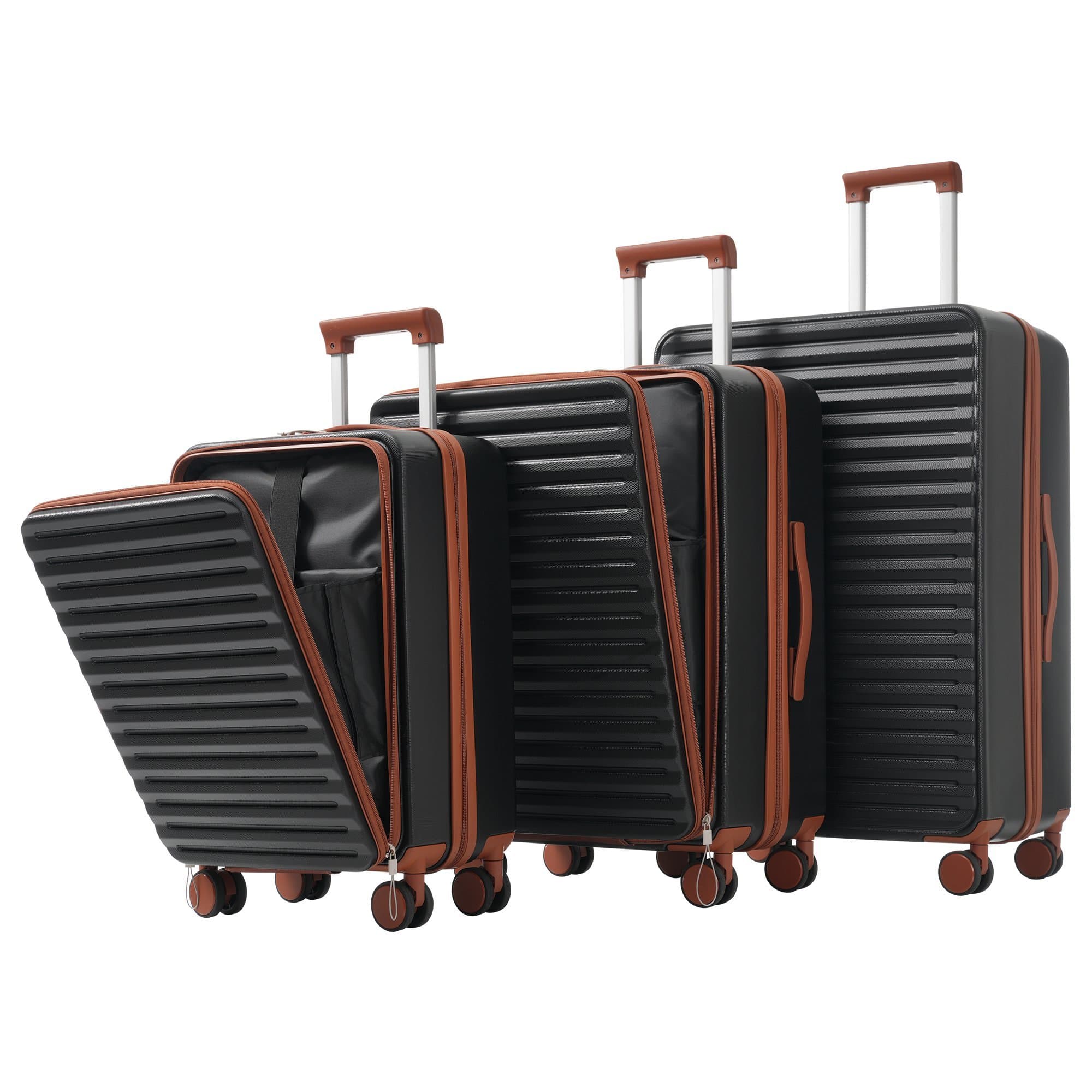 Three-piece suitcases – Innovative design with front opening + drink holders