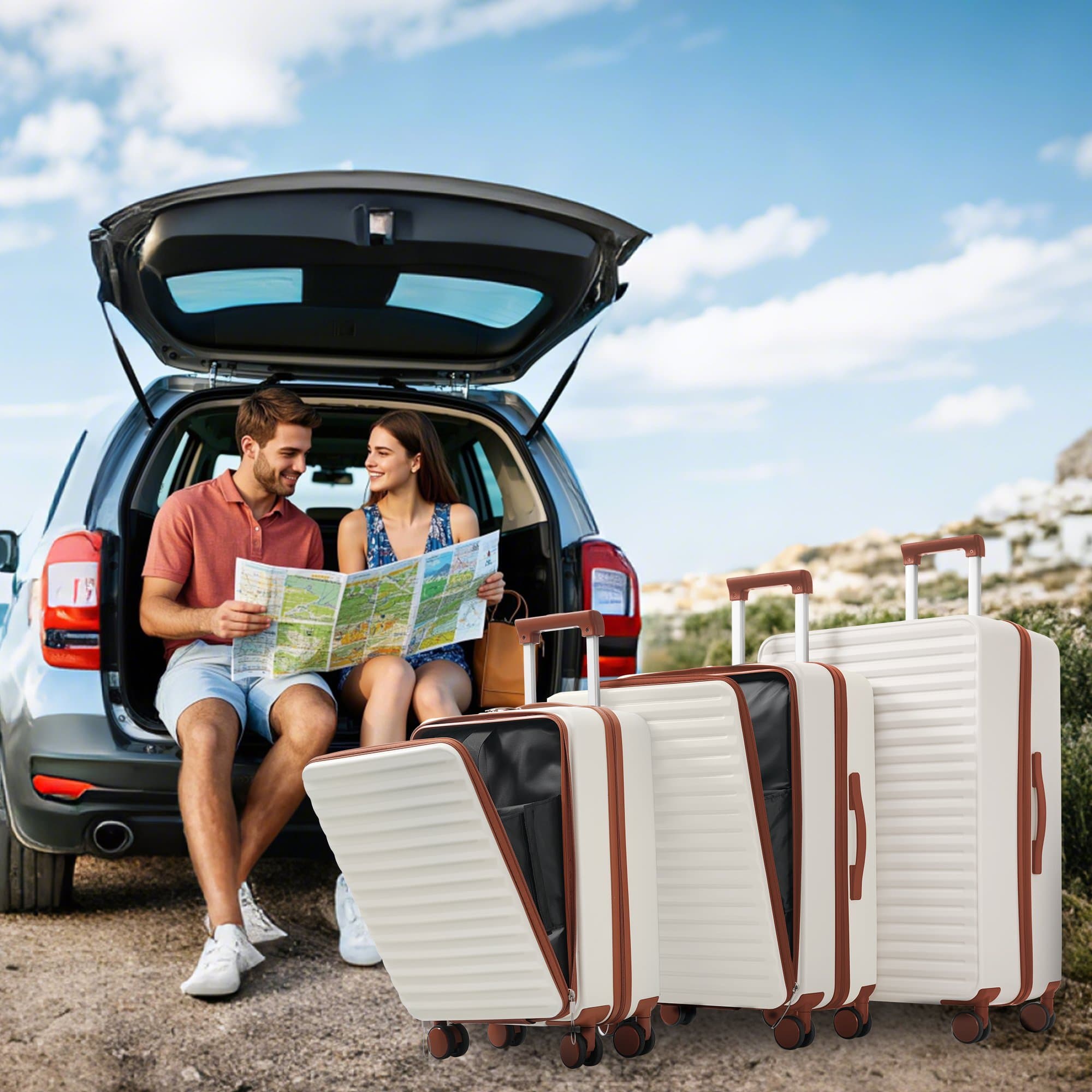 Two-piece suitcase Innovative design with front opening + foldable drink holders